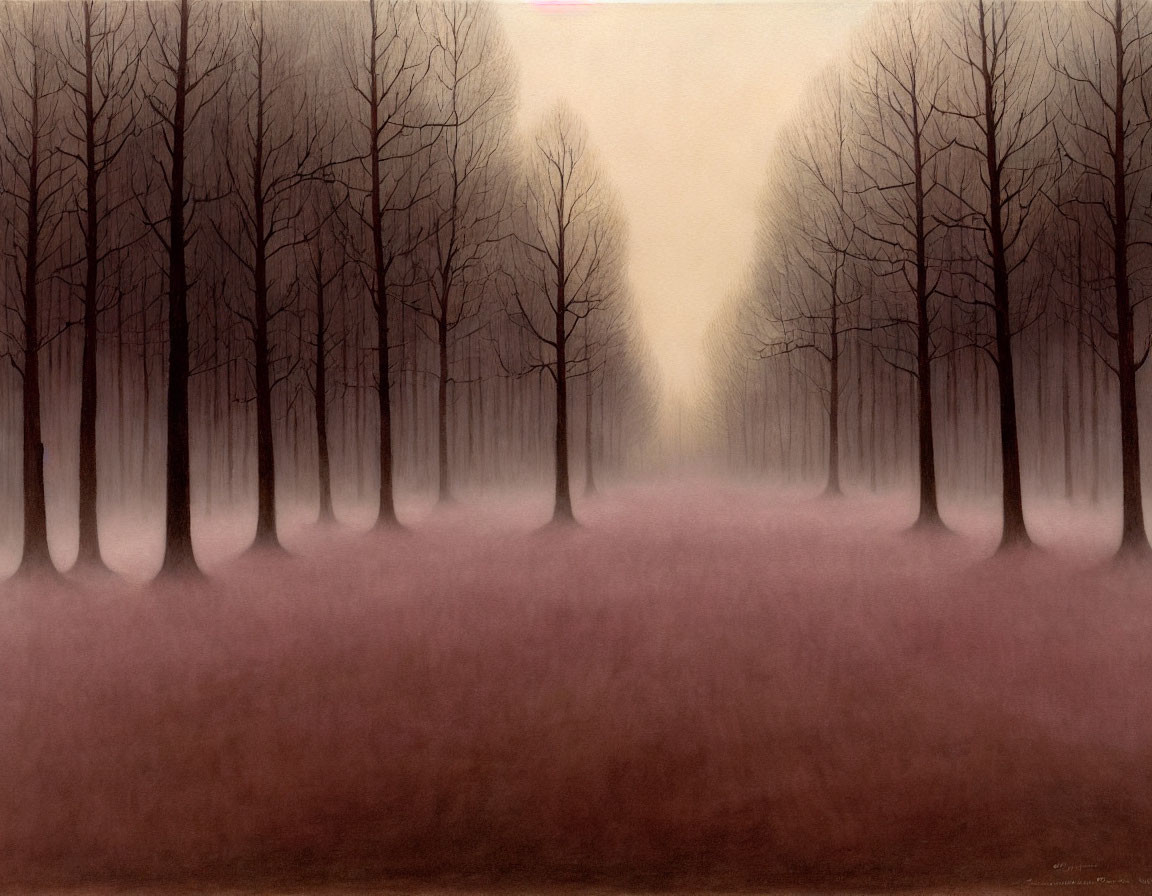 Symmetrical misty forest painting with bare trees