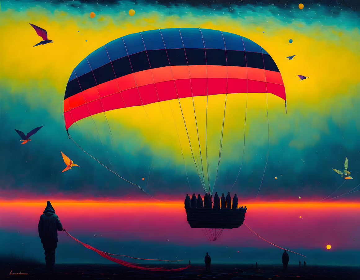 Colorful hot air balloon painting at dusk with people and birds.