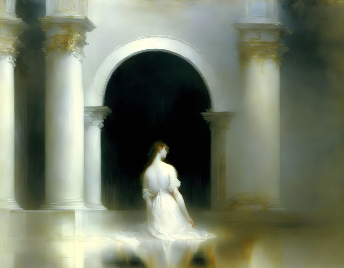 Woman in white gazes at dark archway in sunlit classical setting