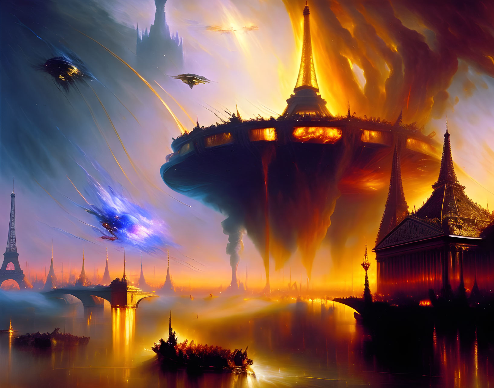 Futuristic cityscape with floating structures and vibrant skies