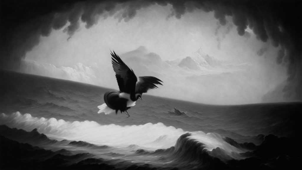 Monochromatic image: Bird flying over turbulent ocean waves under stormy sky