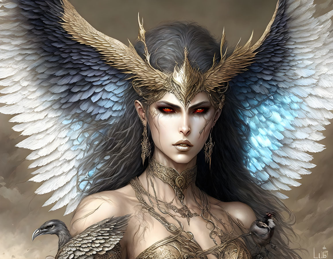 Majestic fantasy figure with white and blue wings and golden armor