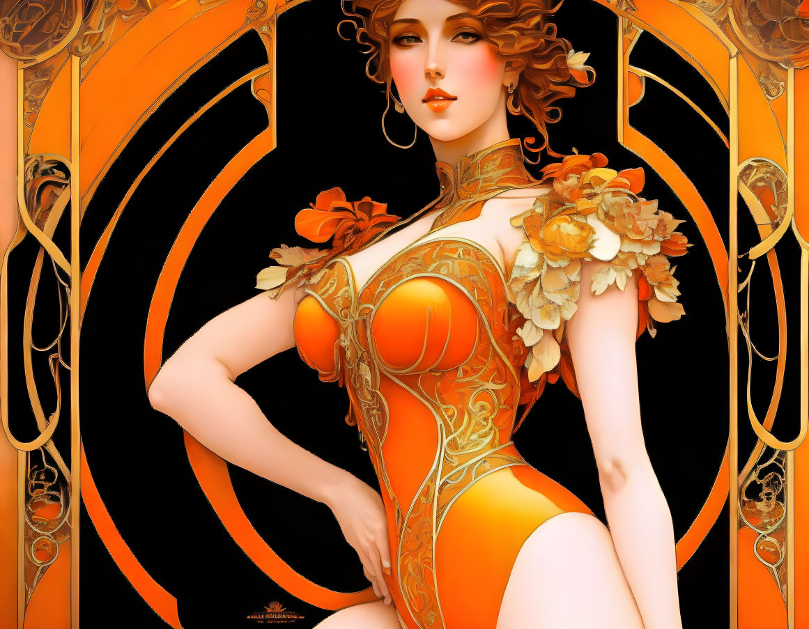 Woman in Art Nouveau Style Orange Dress with Floral Motifs