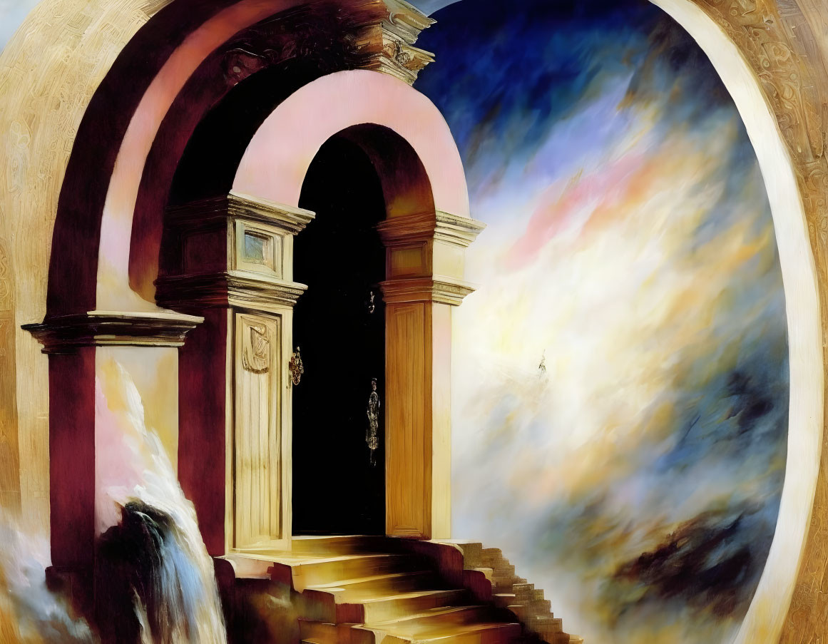 Surreal Painting: Archway, Staircase, Architectural Styles & Colorful Sky