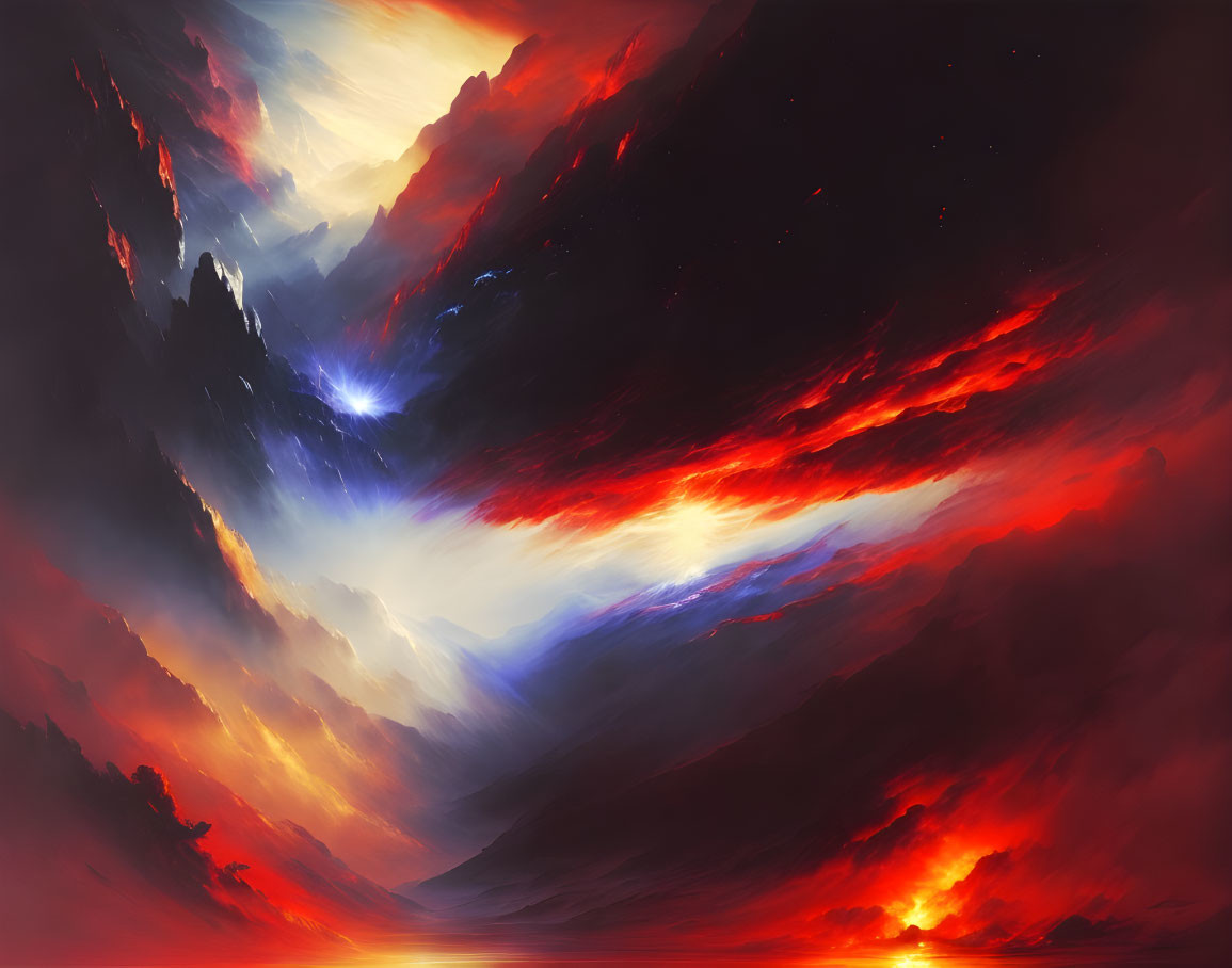 Vibrant digital artwork of swirling red, orange, and blue sky hues