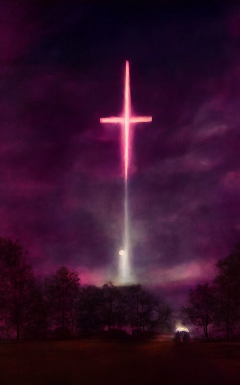 Neon cross glowing in purple and pink night sky with silhouetted figure