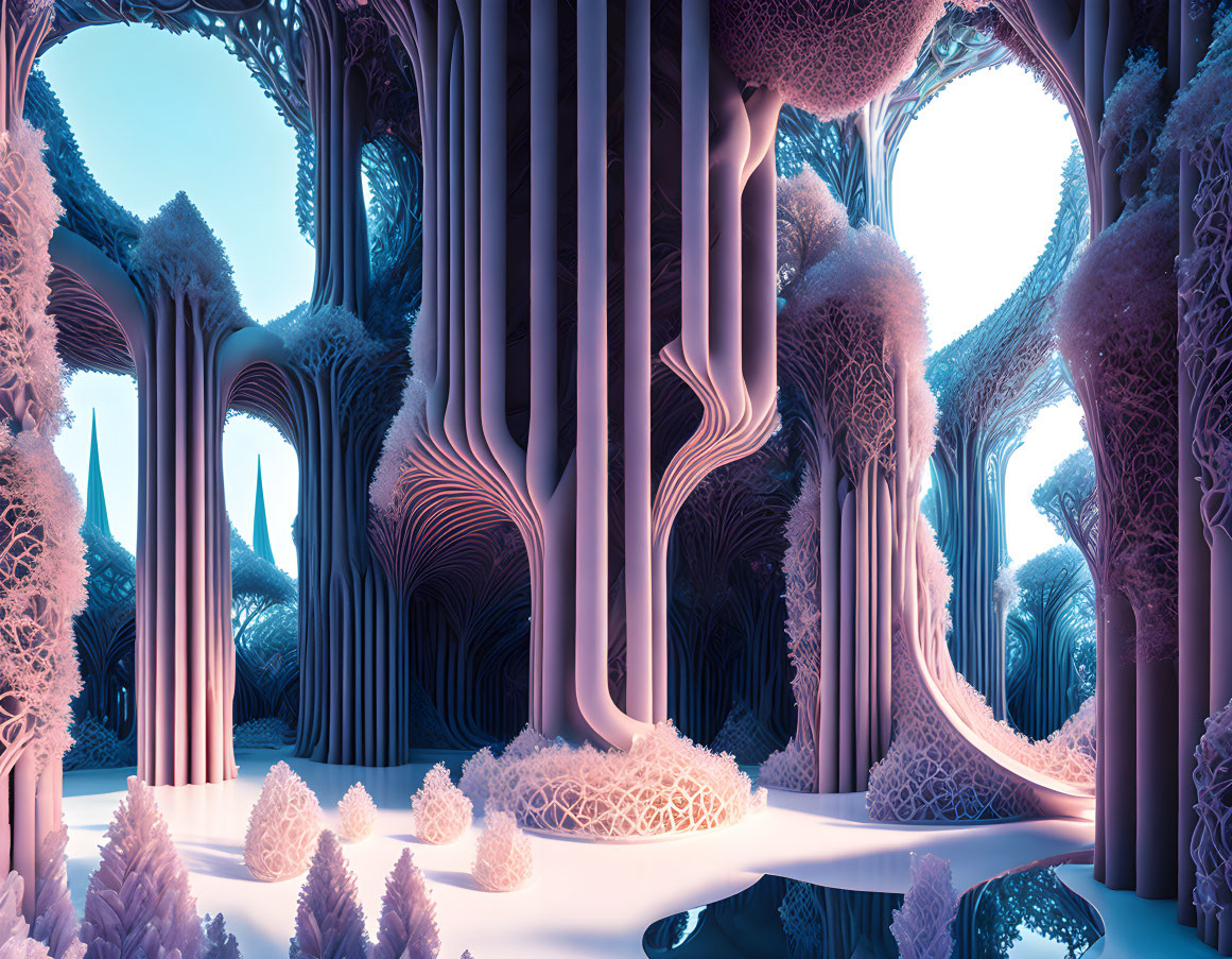 Fantastical digital landscape with coral-like structures in shades of purple and blue