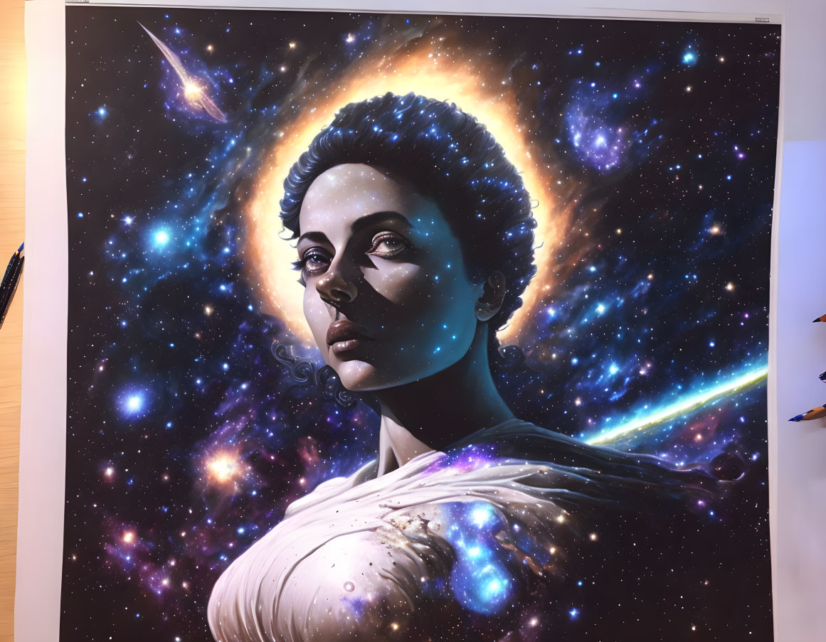 Portrait of a woman with cosmic features and halo of stars in deep space