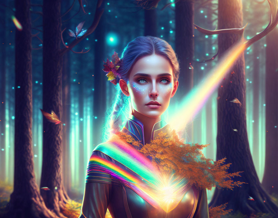 Woman with autumn leaves in hair in enchanted forest with colorful sunlight spectrum