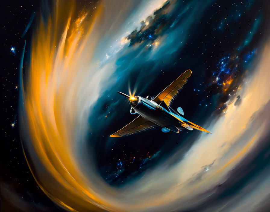 Vintage airplane in vibrant cosmic backdrop