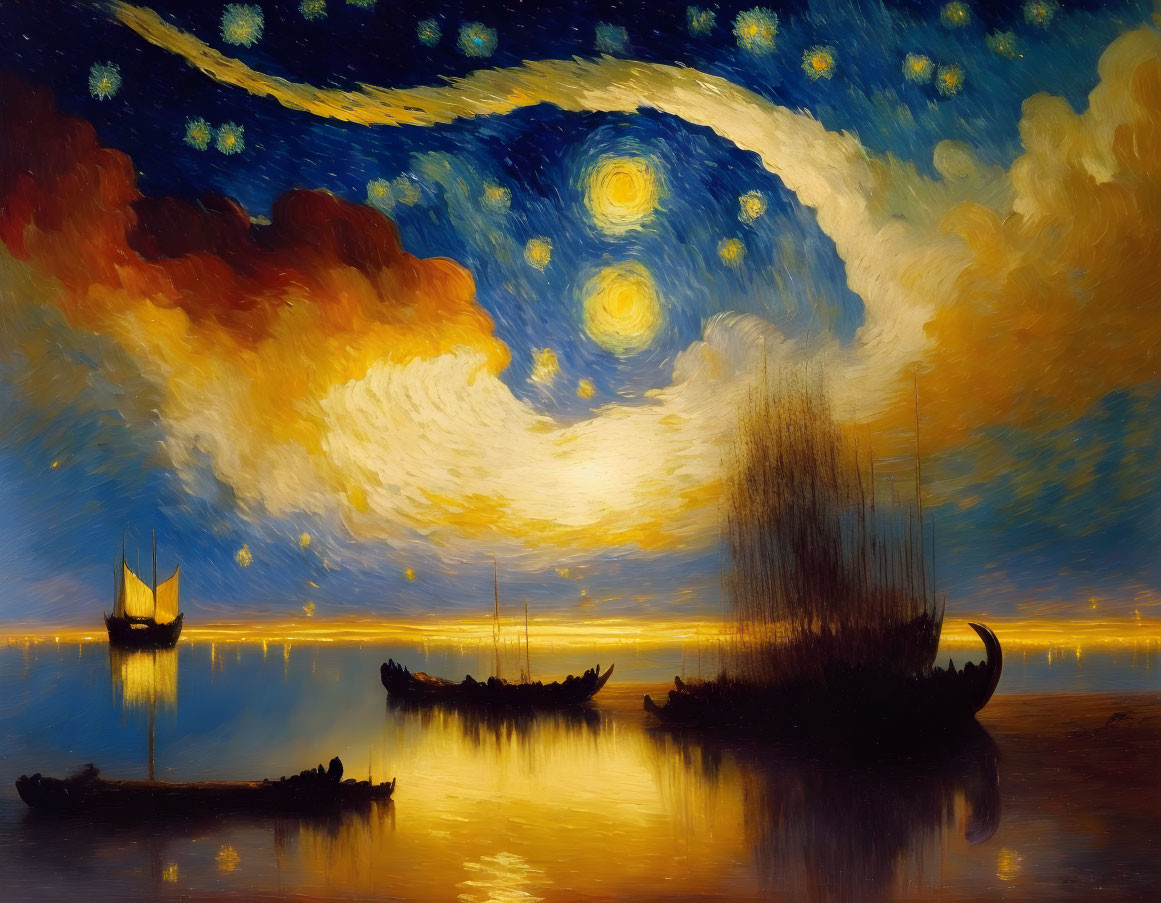 Starry Night Sky Over Serene Water and Silhouetted Boats