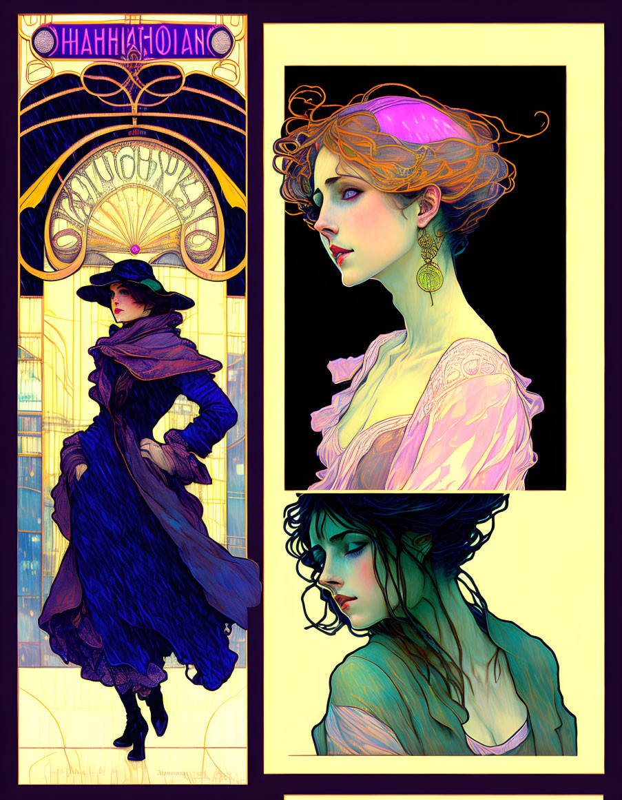 Three elegant women portraits in Art Nouveau style illustration