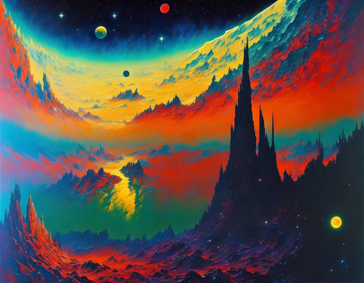 Colorful Space Landscape with Nebulae, Planets, and Spires