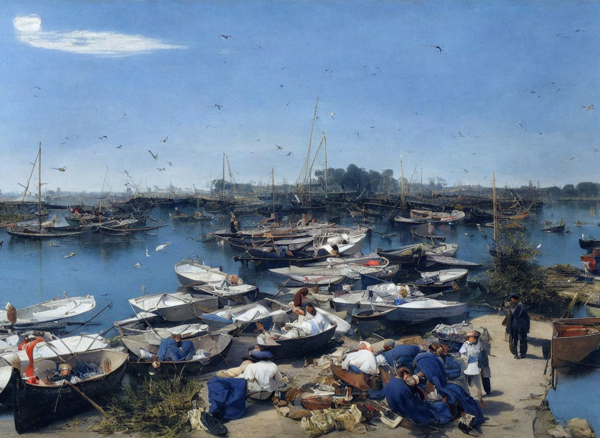 Tranquil port scene with people working on boats and seabirds in clear blue skies.