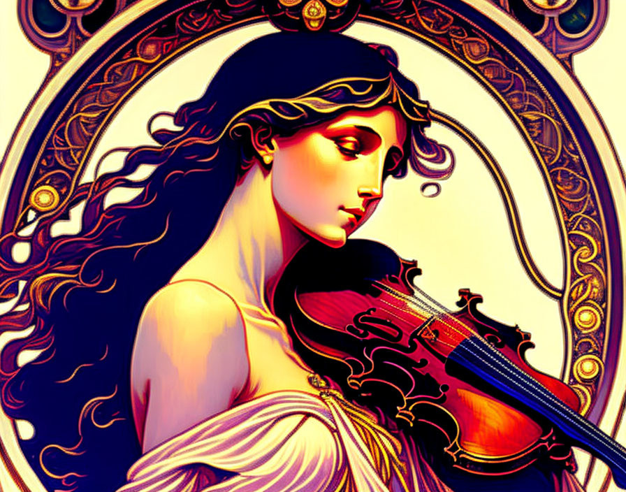 Art Nouveau Woman Playing Violin with Intricate Patterns