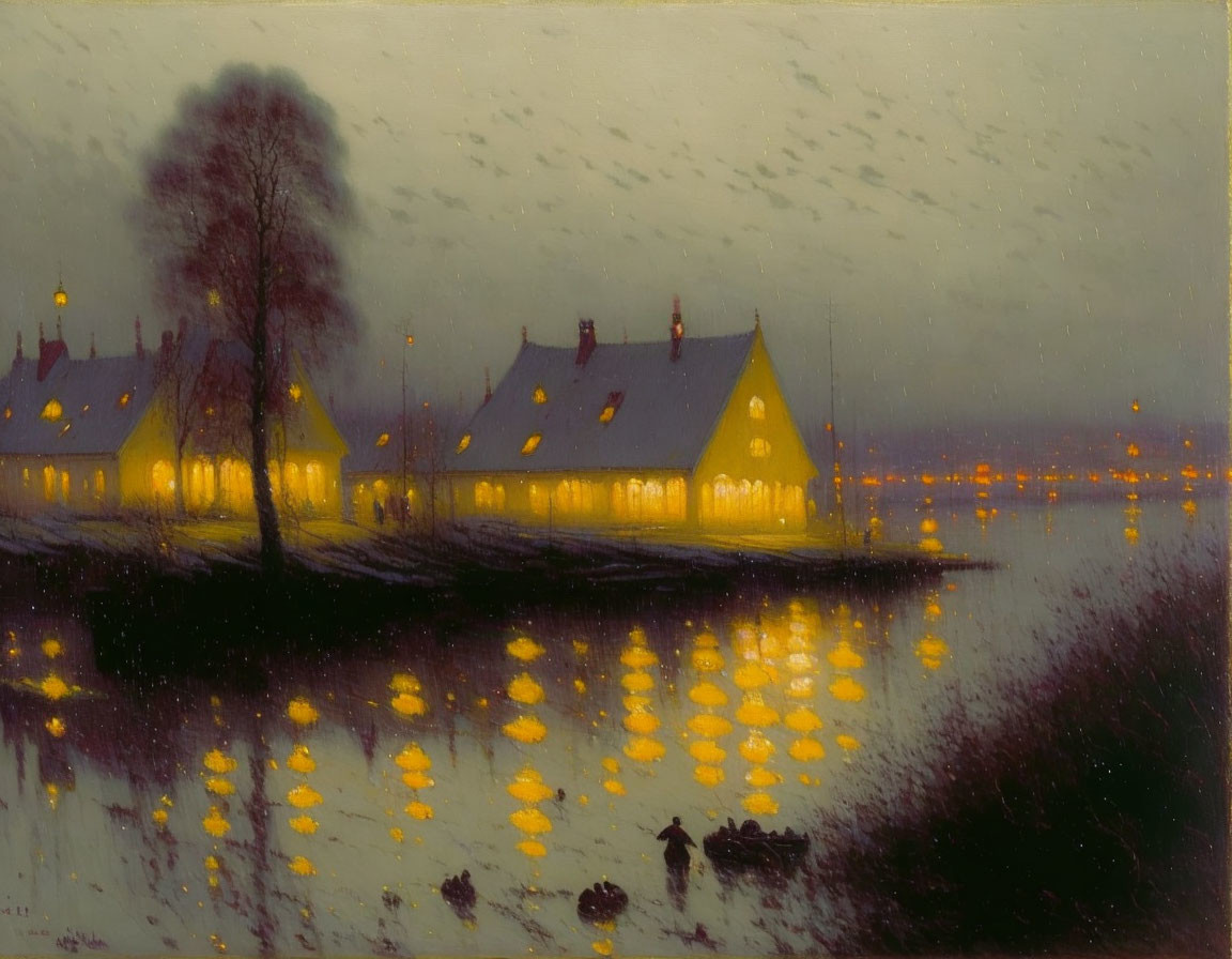 Warm-lit cottages by river with lone figure, dog, and birds in twilight scene