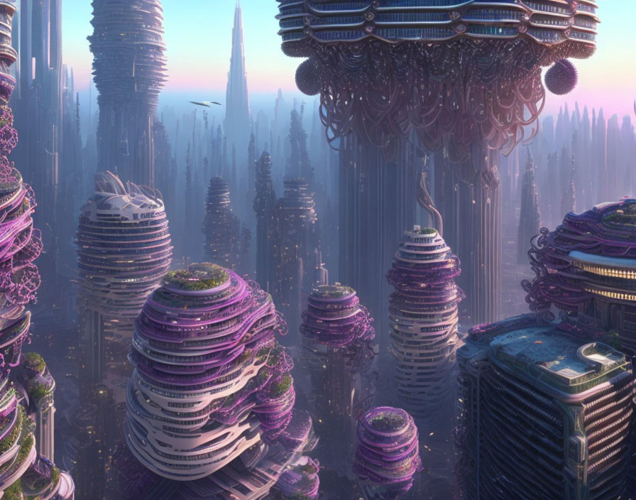 Intricate futuristic cityscape with towering skyscrapers and flying vehicles