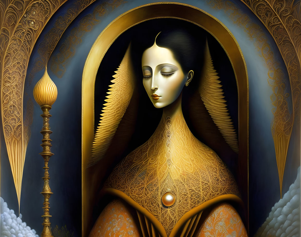 Serene woman with golden wings and ornate patterns in celestial setting