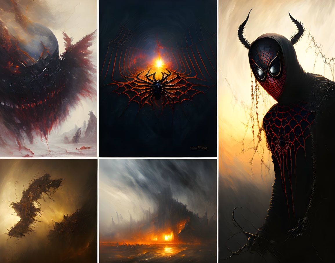 Dark Fantasy Collage: Monstrous Creatures, Eerie Landscapes, and Mysterious Character