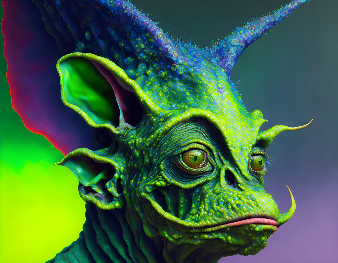 Colorful Fantasy Creature with Green Skin and Blue Spines on Gradient Background