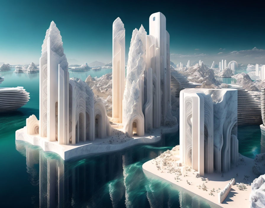 Ice-covered skyscrapers in futuristic cityscape by calm sea