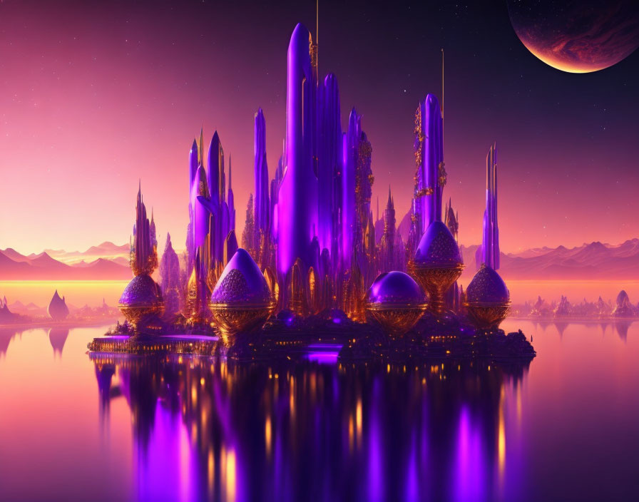 Futuristic cityscape with purple and gold buildings at twilight