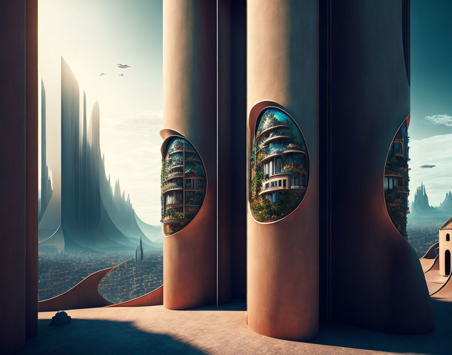 Organic-shaped futuristic architecture in desert landscape