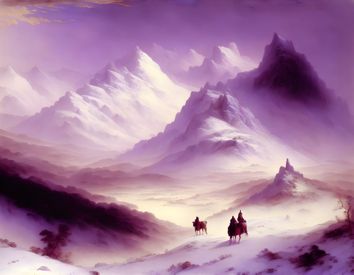 Snowy purple-hued mountain landscape with three riders