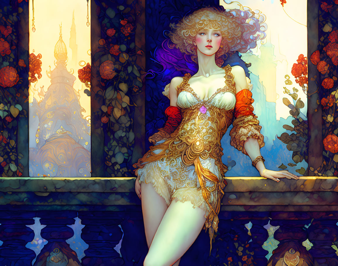 Golden ornate attire and curly hair on illustrated woman against stylized background