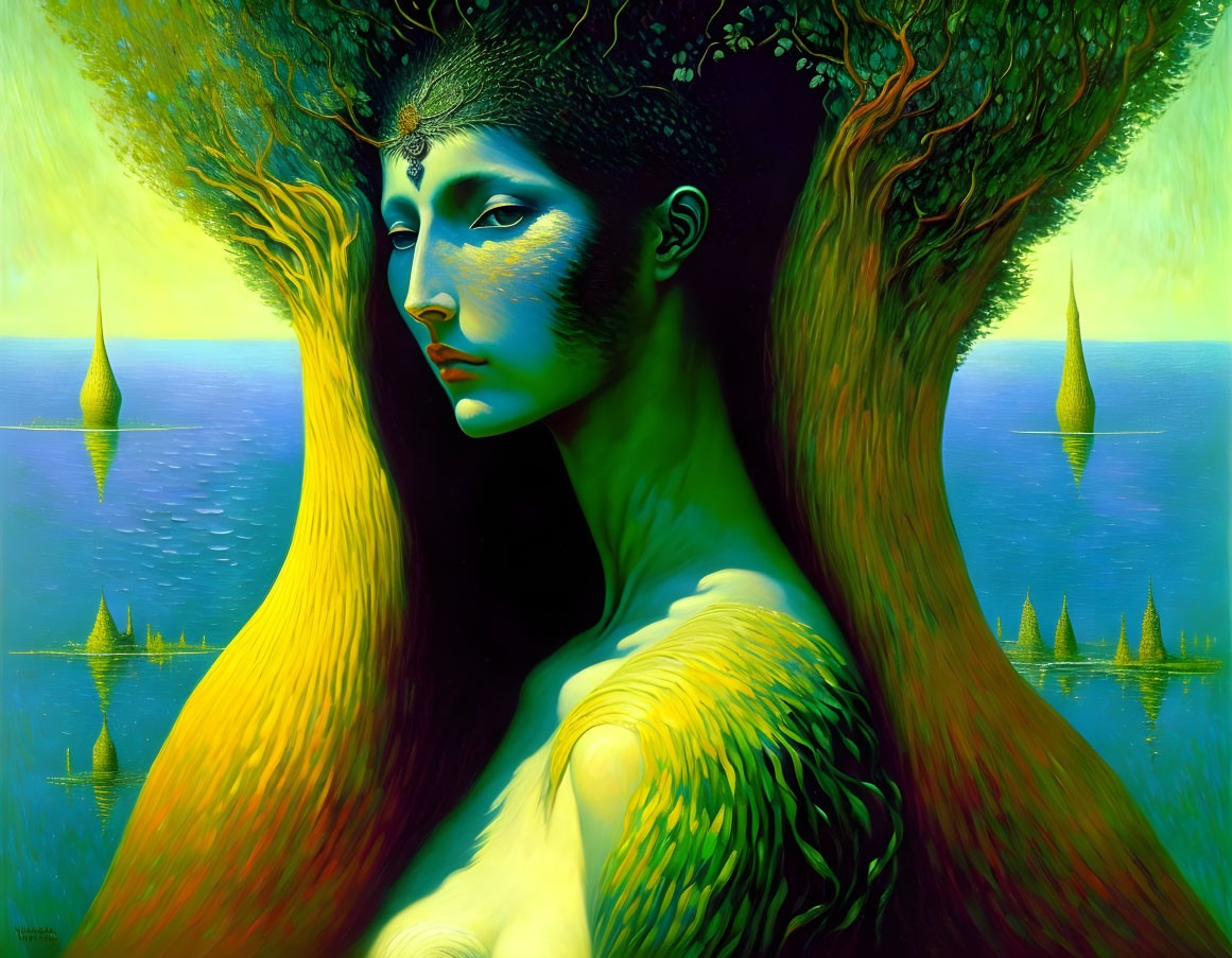 Surreal portrait of woman with tree branches hair on vibrant backdrop