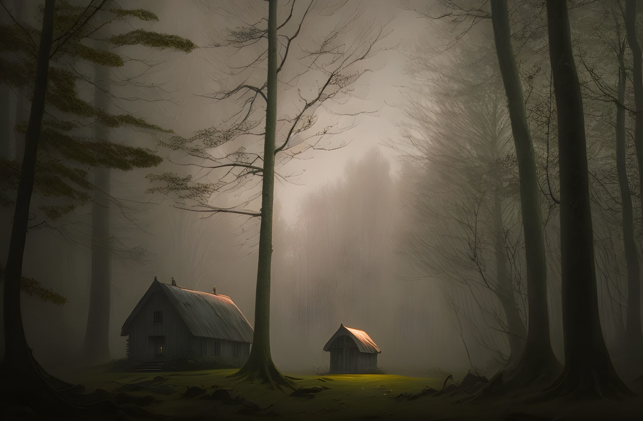 Foggy forest scene with two huts in golden light