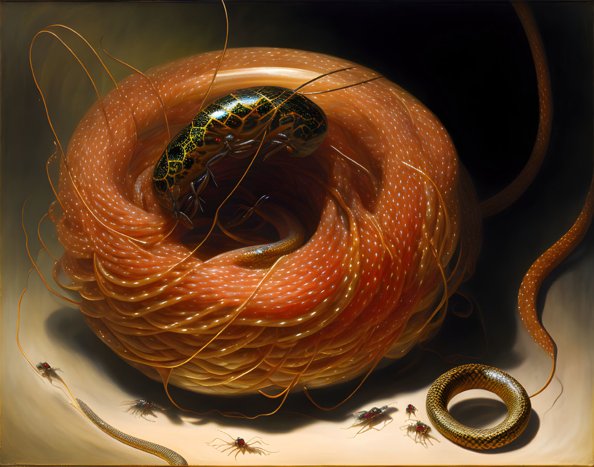 Intricate orange serpent with ants and ring on dark surface