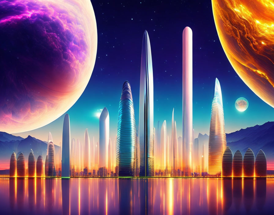 Futuristic cityscape with sleek skyscrapers under vibrant alien sky