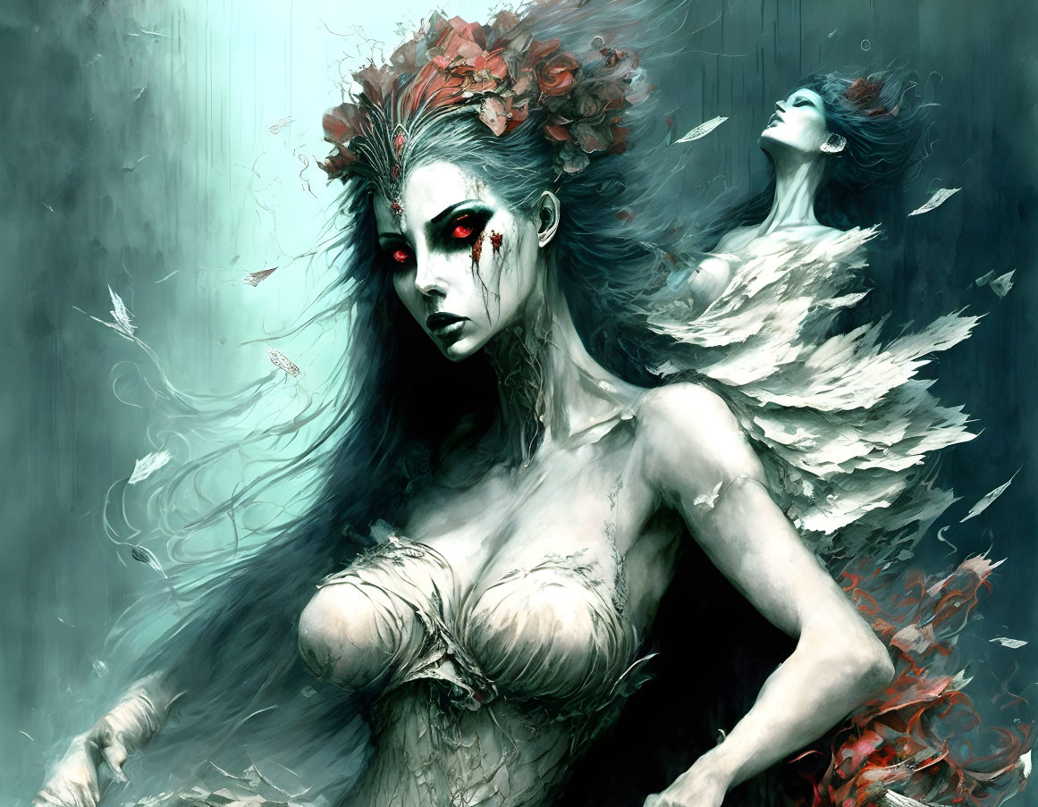 Ethereal women with pale skin and red eyes in mystical setting