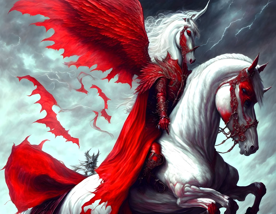 Fantasy image: Person with white hair and red armor on white horse with red wings in stormy