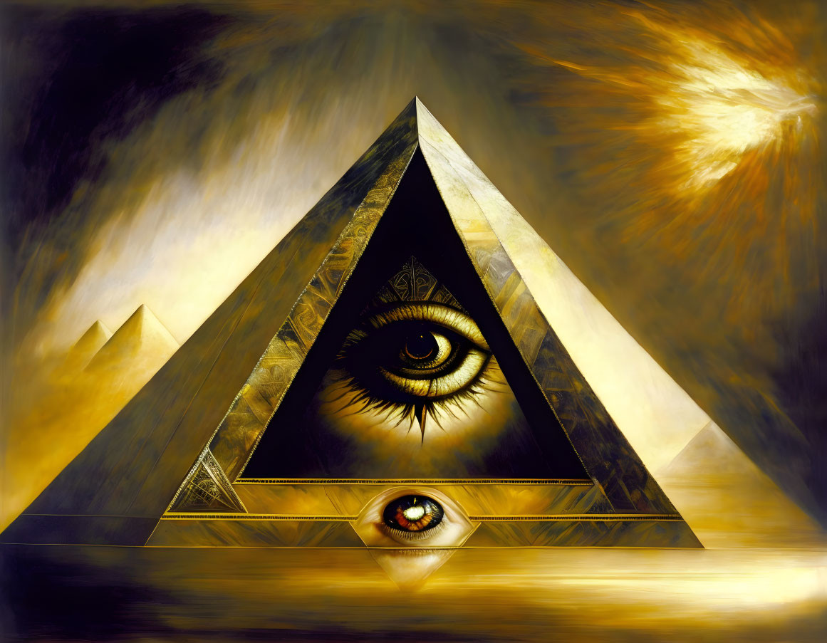 Ethereal pyramid painting with all-seeing eye on gold-black backdrop