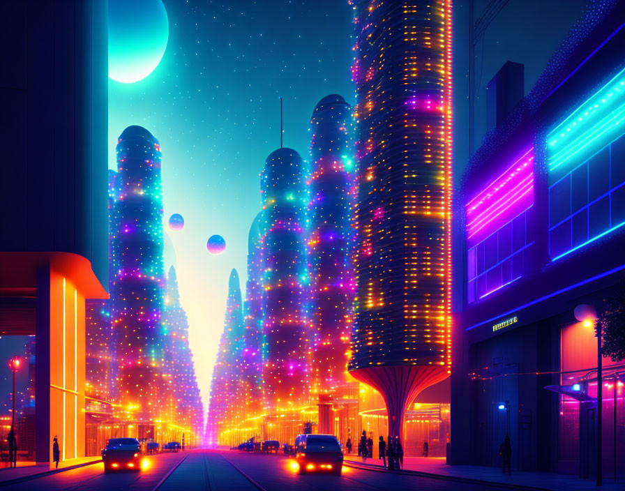 Futuristic cyberpunk cityscape with neon lights and floating orbs