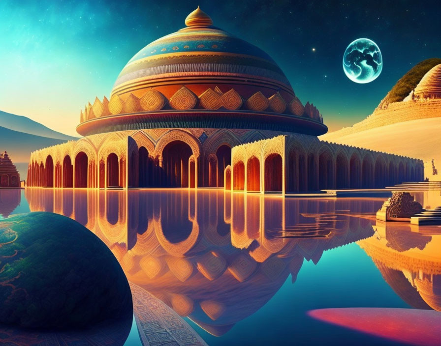 Fantastical landscape with reflective water, ornate dome, vibrant colors, surreal sky