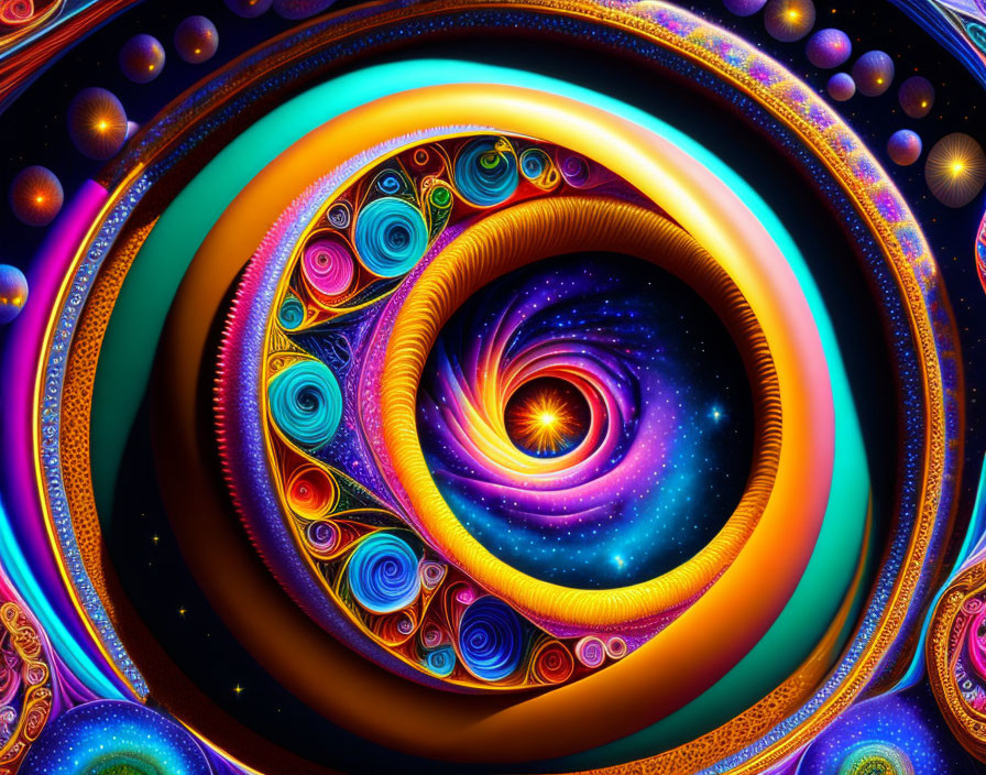 Colorful Fractal Art: Spiral Galaxy in Blues, Oranges, and Purples