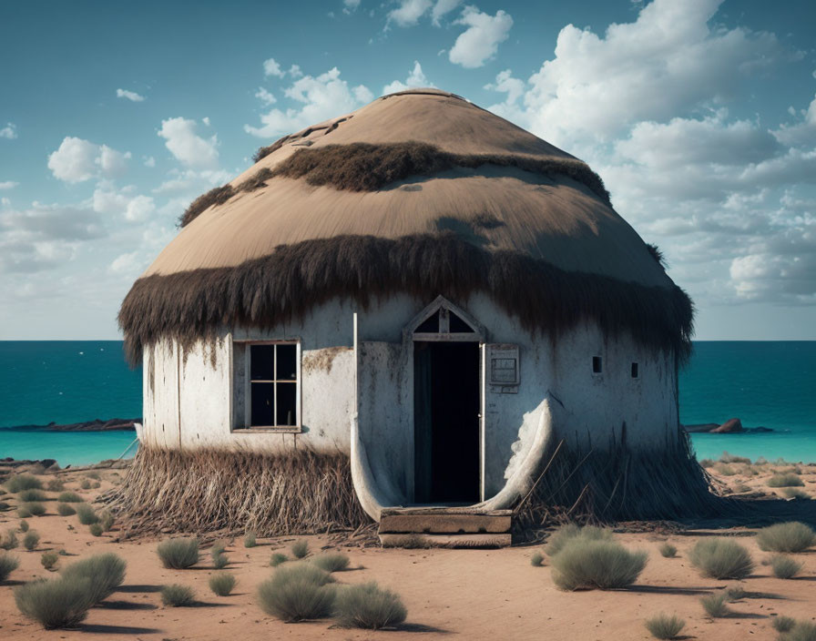 Thatched hut with boat-shaped door on sandy terrain by calm sea