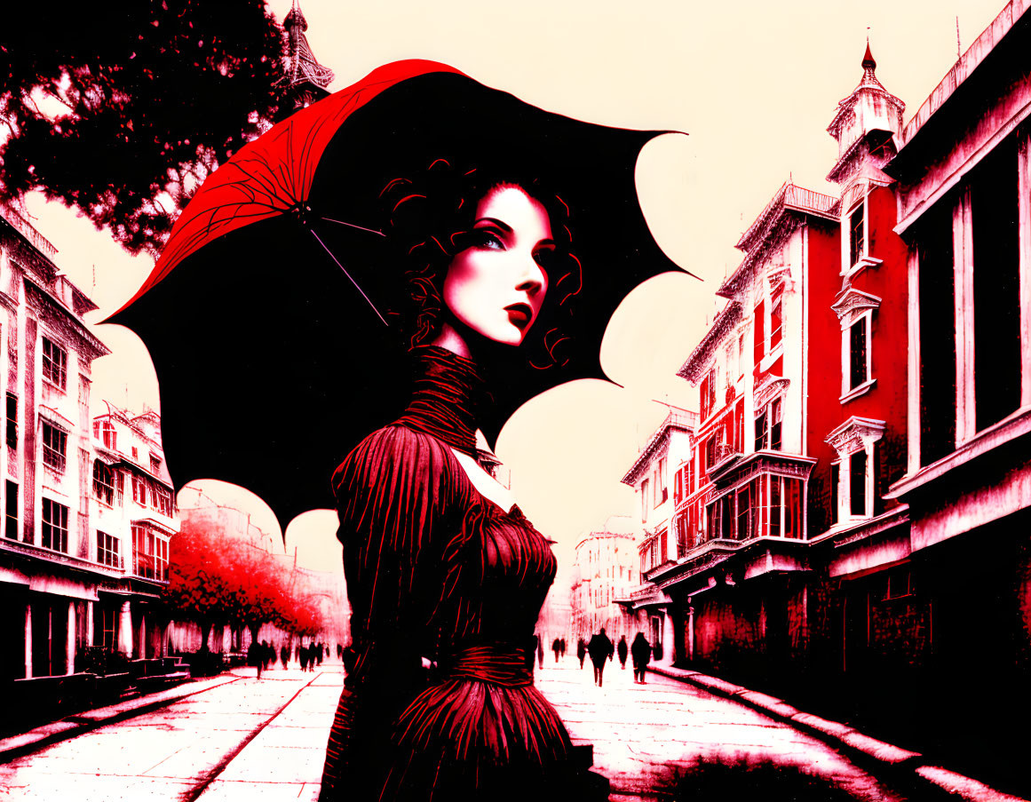 Stylized illustration of a woman with red umbrella on city street