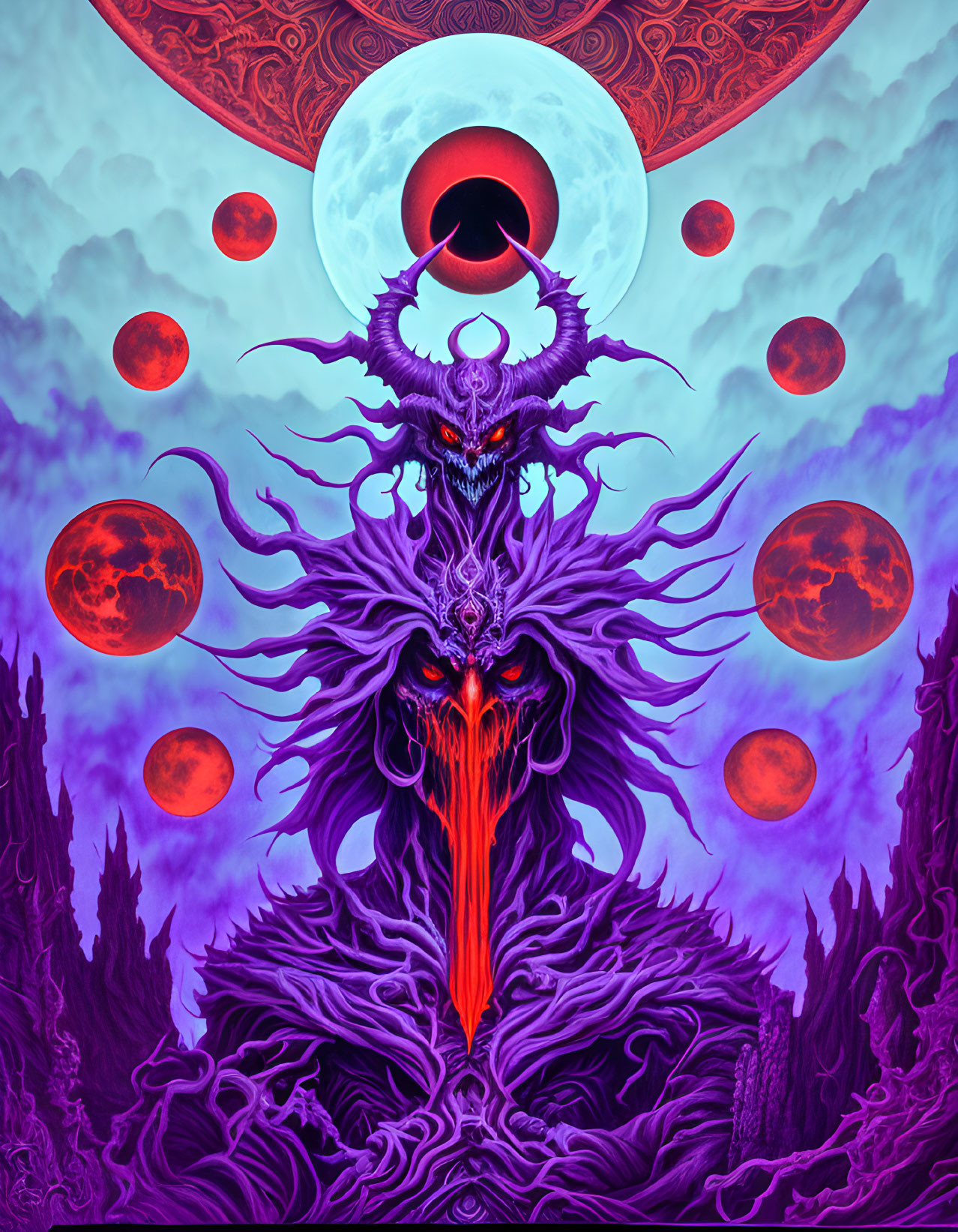 Purple and Red Otherworldly Creature with Skull Face and Twin Moon Background