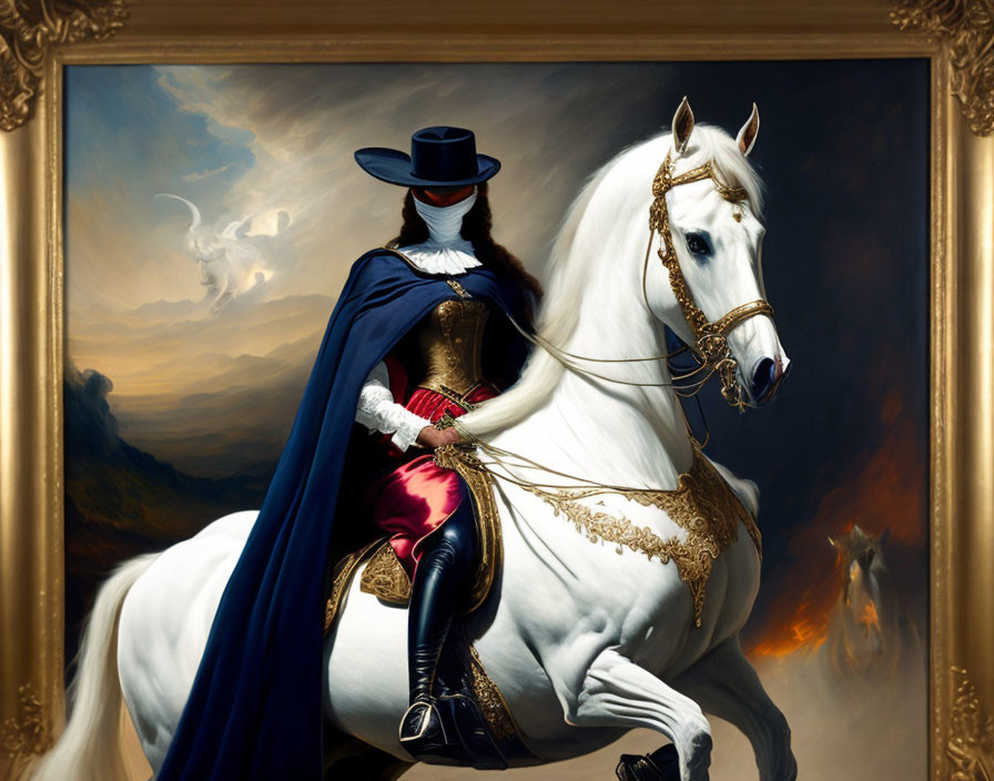 Historical clothing person on white horse with gold tack and dramatic clouds