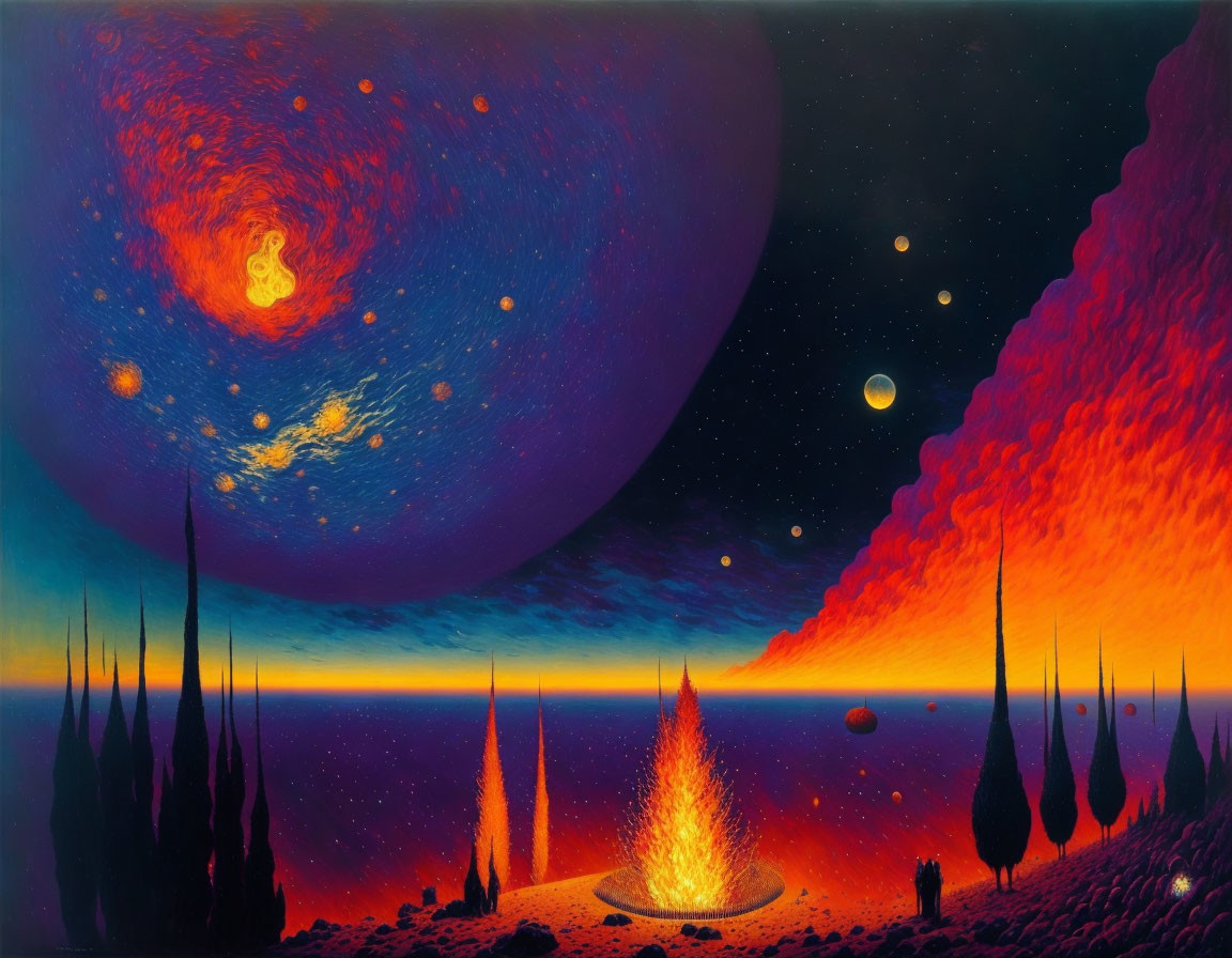 Vibrant sci-fi landscape with volcanic eruptions and towering spires