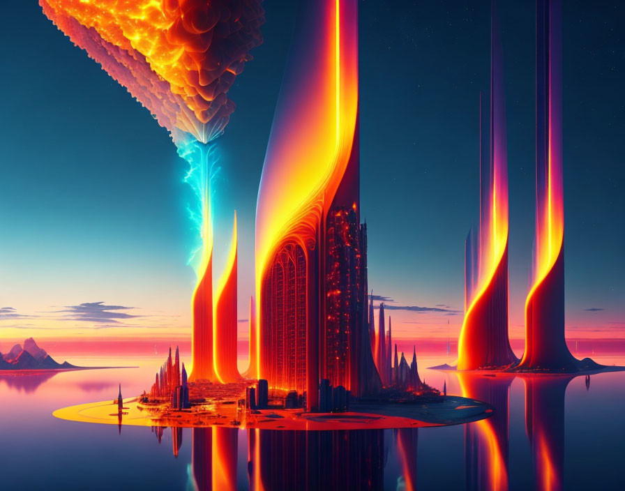 Futuristic neon-lit cityscape with explosive sky