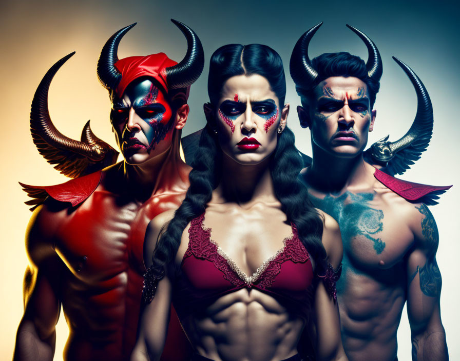 Three individuals with devil-themed makeup and horns against gradient backdrop