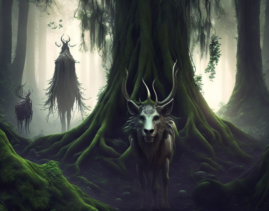 Mystical forest scene with stag, enigmatic creatures, and ancient tree