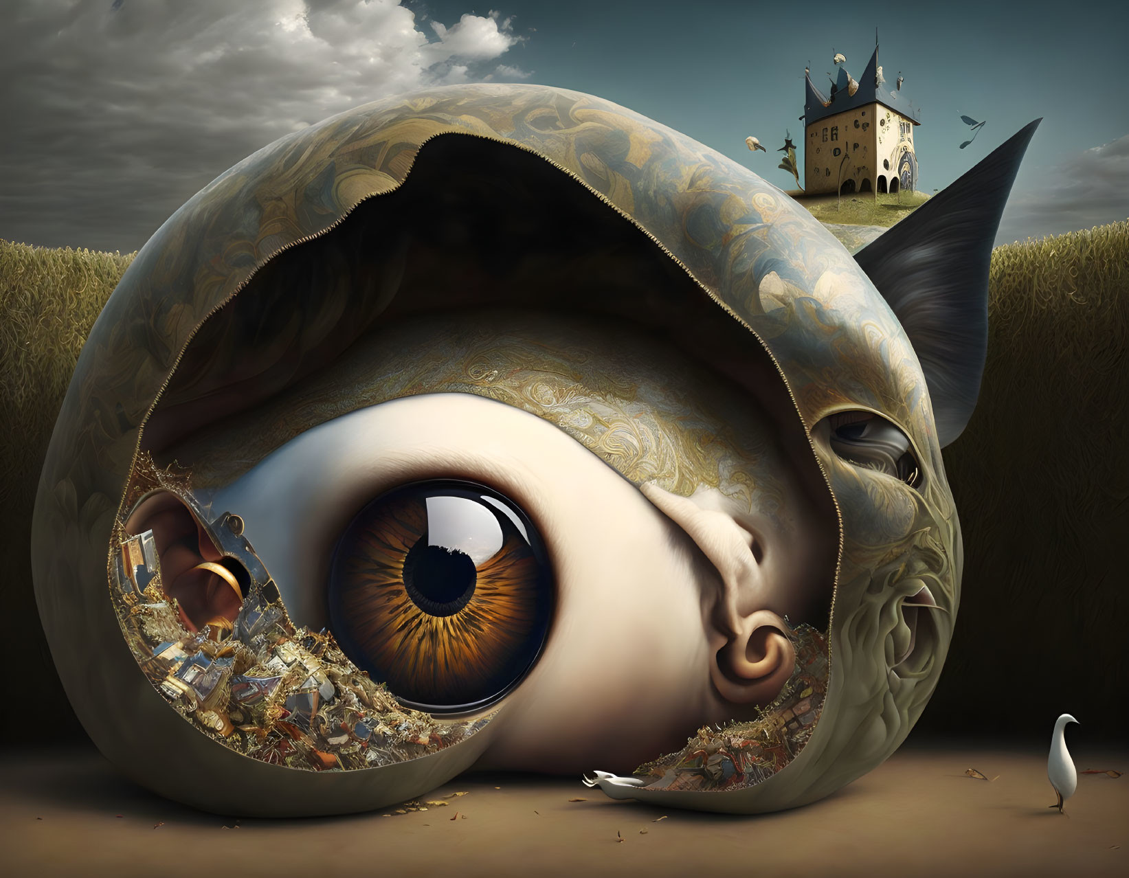 Surrealistic image of large eye with intricate scenes inside, castle on hill, swan foreground