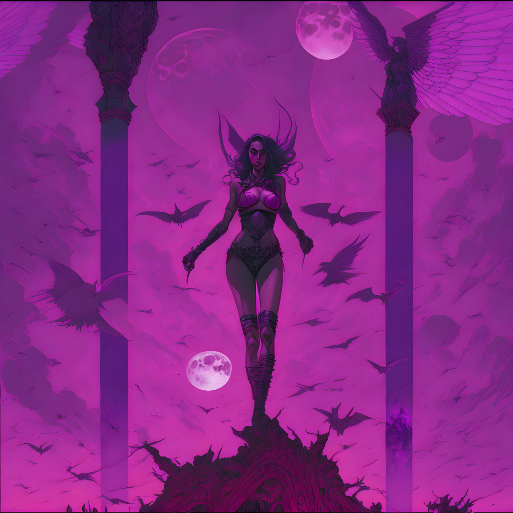 Fantasy art of female figure with wings and armor in moonlit scene