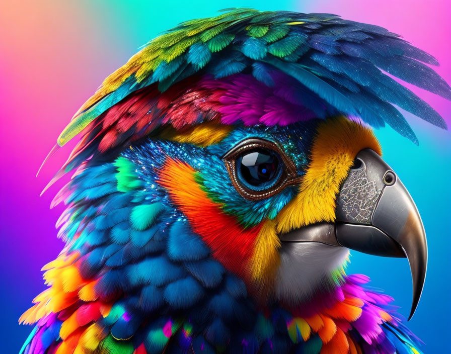 Colorful Parrot with Intricate Feather Pattern on Rainbow Background